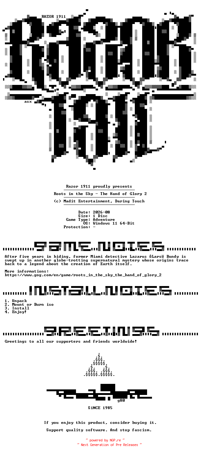 NFO for the release Roots_in_the_Sky_The_Hand_of_Glory_2-Razor1911 by Razor1911