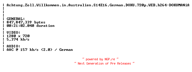 NFO for the release Achtung.Zoll.Willkommen.in.Australien.S14E16.German.DOKU.720p.WEB.h264-DOKUMANiA by DOKUMANiA