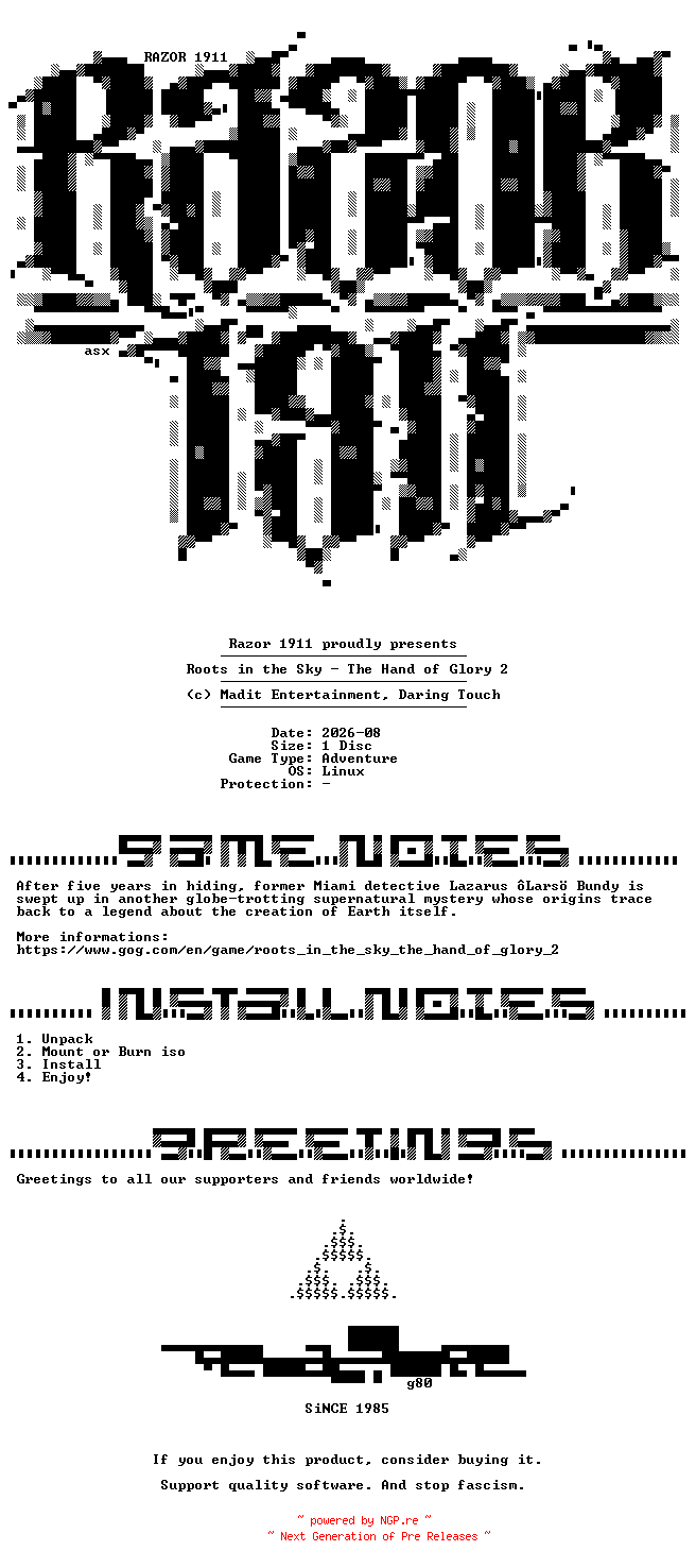 NFO for the release Roots_in_the_Sky_The_Hand_of_Glory_2_Linux-Razor1911 by Razor1911