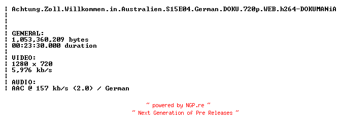 NFO for the release Achtung.Zoll.Willkommen.in.Australien.S15E04.German.DOKU.720p.WEB.h264-DOKUMANiA by DOKUMANiA