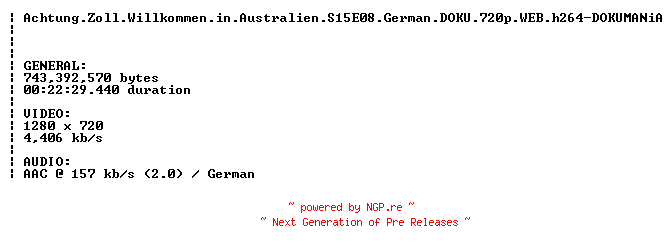 NFO for the release Achtung.Zoll.Willkommen.in.Australien.S15E08.German.DOKU.720p.WEB.h264-DOKUMANiA by DOKUMANiA