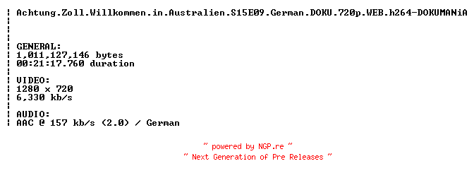 NFO for the release Achtung.Zoll.Willkommen.in.Australien.S15E09.German.DOKU.720p.WEB.h264-DOKUMANiA by DOKUMANiA