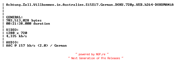 NFO for the release Achtung.Zoll.Willkommen.in.Australien.S15E17.German.DOKU.720p.WEB.h264-DOKUMANiA by DOKUMANiA