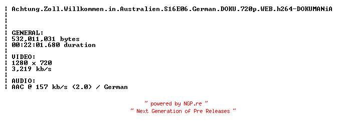 NFO for the release Achtung.Zoll.Willkommen.in.Australien.S16E06.German.DOKU.720p.WEB.h264-DOKUMANiA by DOKUMANiA