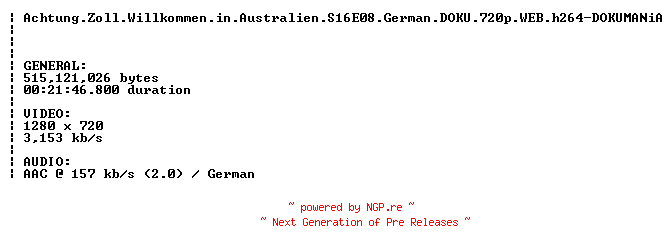 NFO for the release Achtung.Zoll.Willkommen.in.Australien.S16E08.German.DOKU.720p.WEB.h264-DOKUMANiA by DOKUMANiA