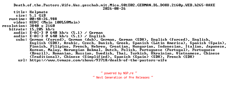 NFO for the release Death.of.the.Pastors.Wife.Was.geschah.mit.Mica.S01E02.GERMAN.DL.DOKU.2160p.WEB.h265-HAXE by HAXE