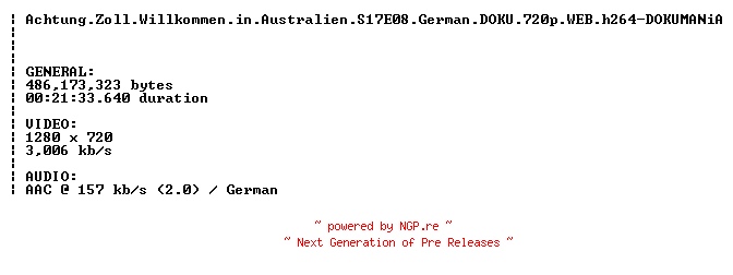 NFO for the release Achtung.Zoll.Willkommen.in.Australien.S17E08.German.DOKU.720p.WEB.h264-DOKUMANiA by DOKUMANiA