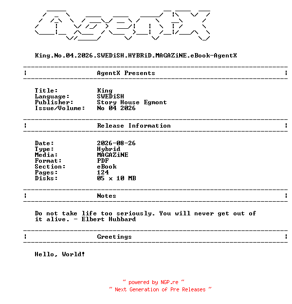 NFO for the release King.No.04.2026.SWEDiSH.HYBRiD.MAGAZiNE.eBook-AgentX by AgentX