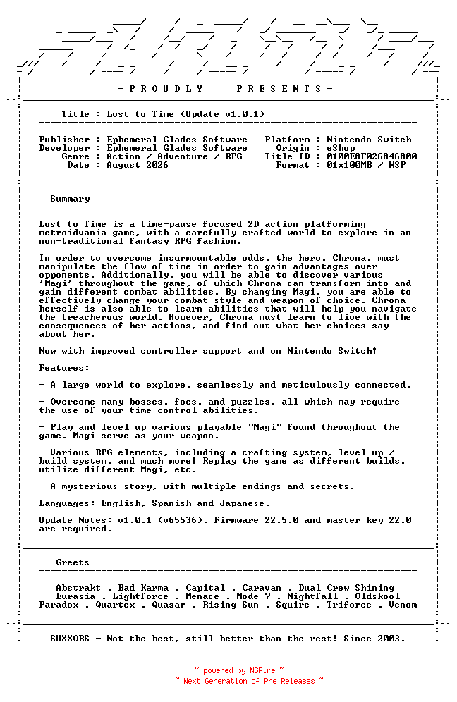 NFO for the release Lost_to_Time_Update_v1.0.1_NSW-SUXXORS by SUXXORS