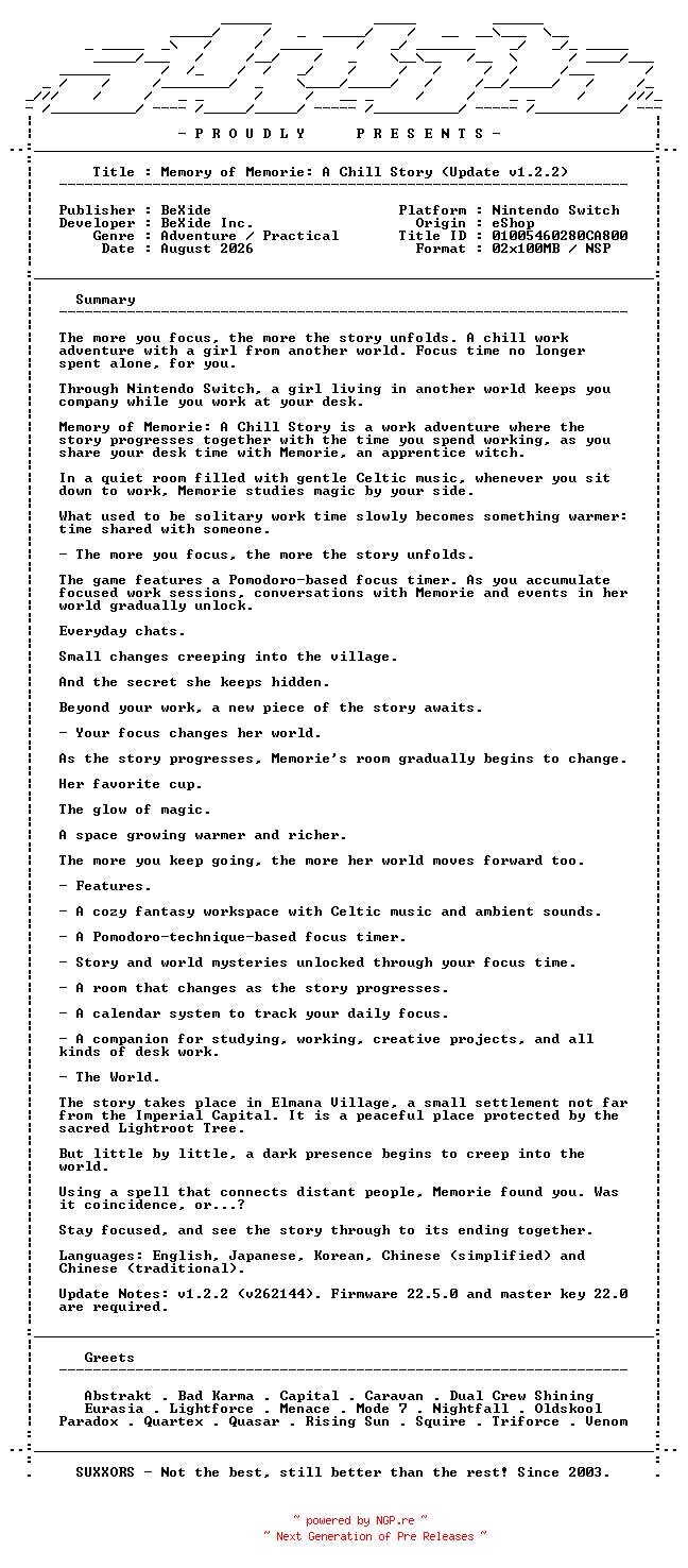 NFO for the release Memory_of_Memorie_A_Chill_Story_Update_v1.2.2_NSW-SUXXORS by SUXXORS