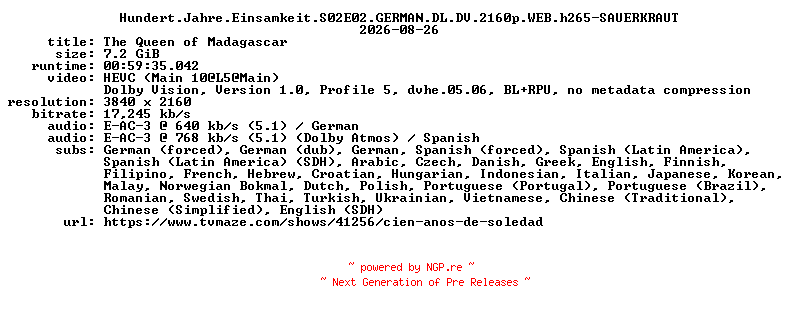 NFO for the release Hundert.Jahre.Einsamkeit.S02E02.GERMAN.DL.DV.2160p.WEB.h265-SAUERKRAUT by SAUERKRAUT