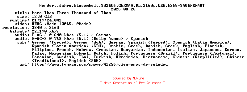 NFO for the release Hundert.Jahre.Einsamkeit.S02E06.GERMAN.DL.2160p.WEB.h265-SAUERKRAUT by SAUERKRAUT