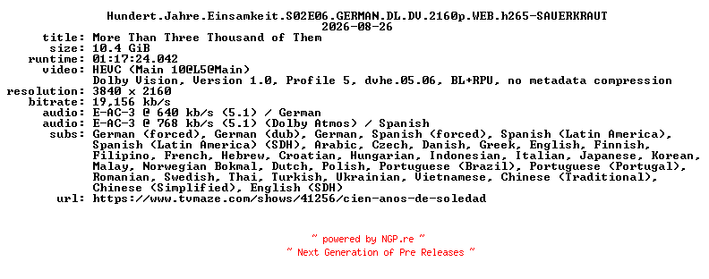 NFO for the release Hundert.Jahre.Einsamkeit.S02E06.GERMAN.DL.DV.2160p.WEB.h265-SAUERKRAUT by SAUERKRAUT
