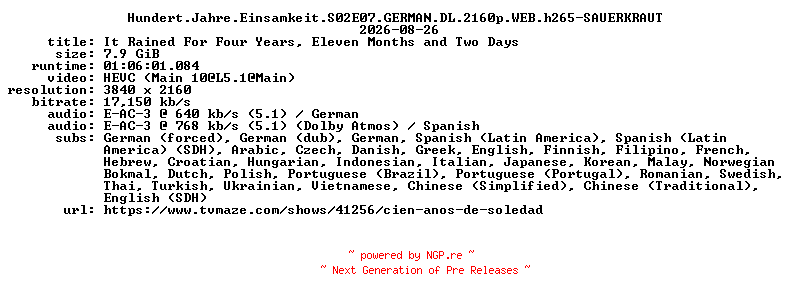 NFO for the release Hundert.Jahre.Einsamkeit.S02E07.GERMAN.DL.2160p.WEB.h265-SAUERKRAUT by SAUERKRAUT