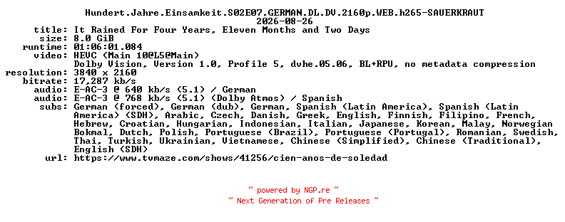 NFO for the release Hundert.Jahre.Einsamkeit.S02E07.GERMAN.DL.DV.2160p.WEB.h265-SAUERKRAUT by SAUERKRAUT