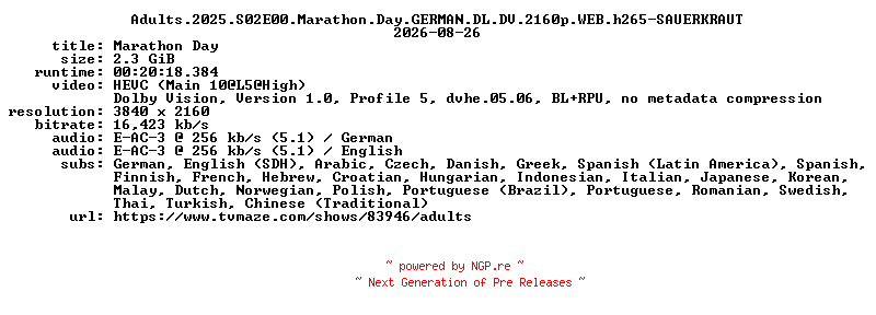 NFO for the release Adults.2025.S02E00.Marathon.Day.GERMAN.DL.DV.2160p.WEB.h265-SAUERKRAUT by SAUERKRAUT