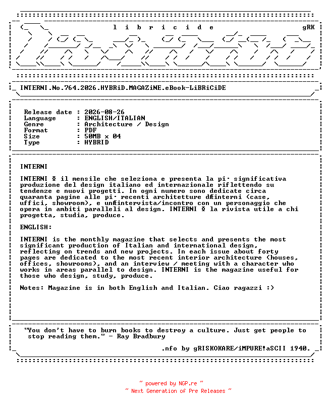 NFO for the release INTERNI.No.764.2026.HYBRiD.MAGAZiNE.eBook-LiBRiCiDE by LiBRiCiDE