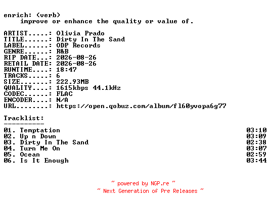 NFO for the release Olivia_Prado-Dirty_In_The_Sand-EP-24BIT-WEB-FLAC-2026-ENRiCH by ENRiCH