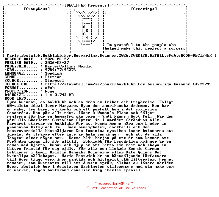 NFO for the release Marie.Bostwick.Bokklubb.For.Besvarliga.Kvinnor.2026.SWEDiSH.RETAiL.ePub.eBOOK-DECiPHER by DECiPHER