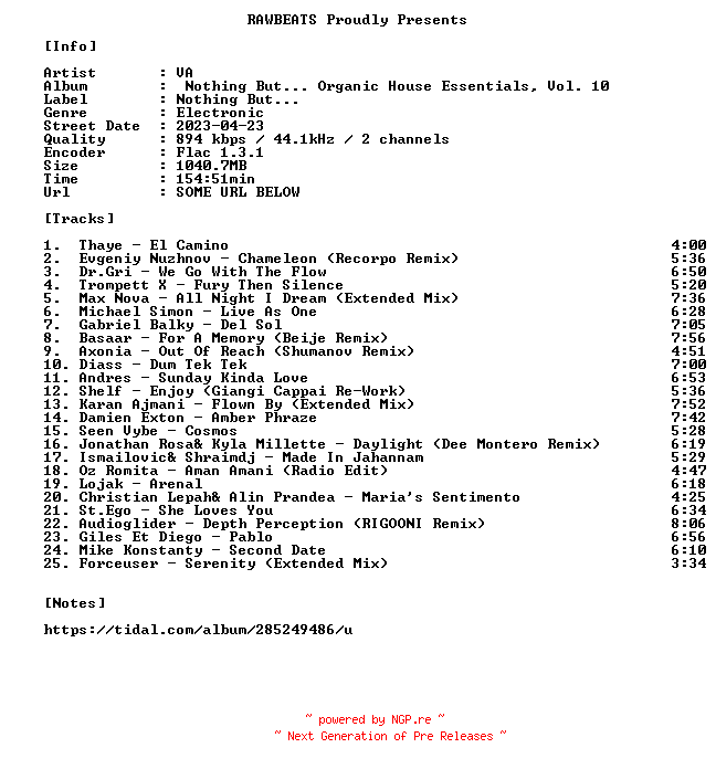 NFO for the release VA-Nothing_But..._Organic_House_Essentials_Vol._10-16BIT-WEB-FLAC-2023-RAWBEATS by RAWBEATS