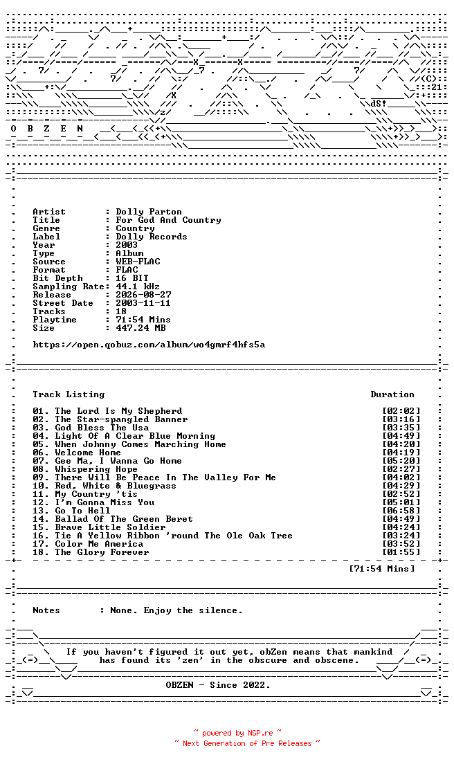 NFO for the release Dolly_Parton-For_God_And_Country-16BIT-WEB-FLAC-2003-OBZEN by OBZEN