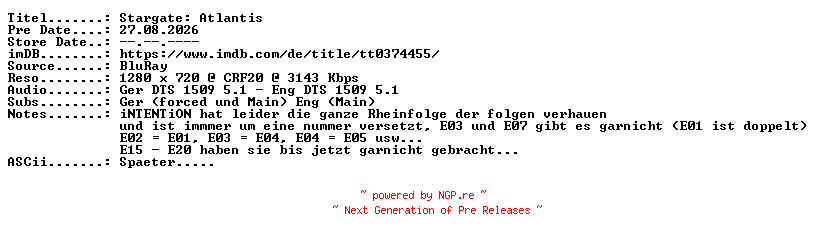 NFO for the release Stargate.Atlantis.S05E15.Ueberreste.German.DL.720p.BluRay.x264-JaJunge by JaJunge