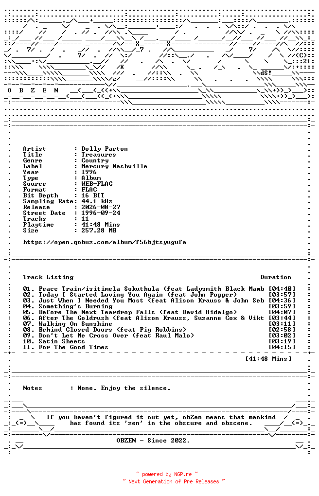 NFO for the release Dolly_Parton-Treasures-16BIT-WEB-FLAC-1996-OBZEN by OBZEN