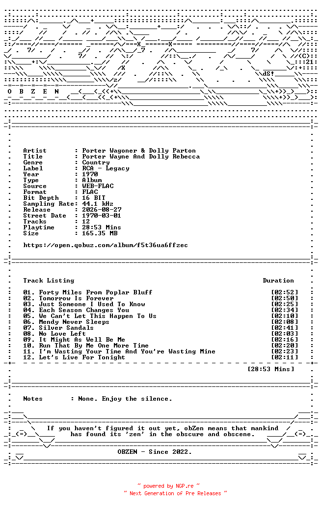 NFO for the release Porter_Wagoner_and_Dolly_Parton-Porter_Wayne_And_Dolly_Rebecca-16BIT-WEB-FLAC-1970-OBZEN by OBZEN