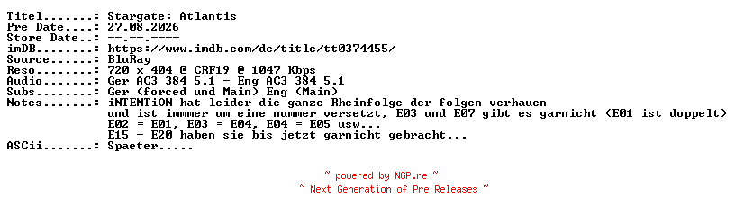 NFO for the release Stargate.Atlantis.S05E14.Mutterliebe.German.DL.REMASTERED.BDRiP.x264.PROPER-JaJunge by JaJunge