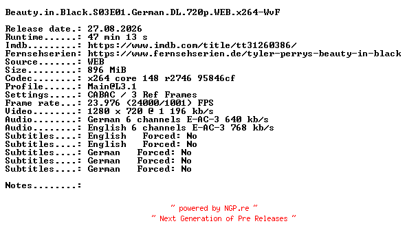 NFO for the release Beauty.in.Black.S03E01.German.DL.720p.WEB.x264-WvF by WvF