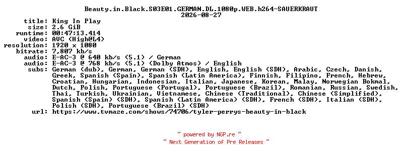 NFO for the release Beauty.in.Black.S03E01.GERMAN.DL.1080p.WEB.h264-SAUERKRAUT by SAUERKRAUT