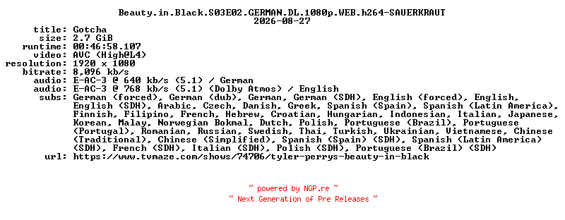 NFO for the release Beauty.in.Black.S03E02.GERMAN.DL.1080p.WEB.h264-SAUERKRAUT by SAUERKRAUT