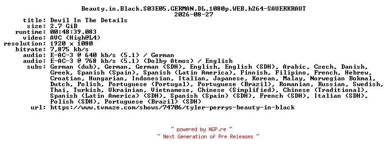 NFO for the release Beauty.in.Black.S03E05.GERMAN.DL.1080p.WEB.h264-SAUERKRAUT by SAUERKRAUT