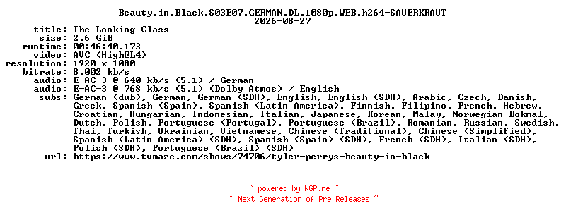 NFO for the release Beauty.in.Black.S03E07.GERMAN.DL.1080p.WEB.h264-SAUERKRAUT by SAUERKRAUT