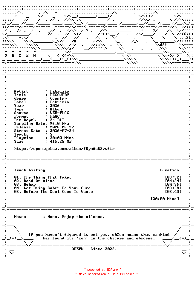 NFO for the release Fabrizio-RECOVERY-EP-24BIT-96KHZ-WEB-FLAC-2026-OBZEN by OBZEN