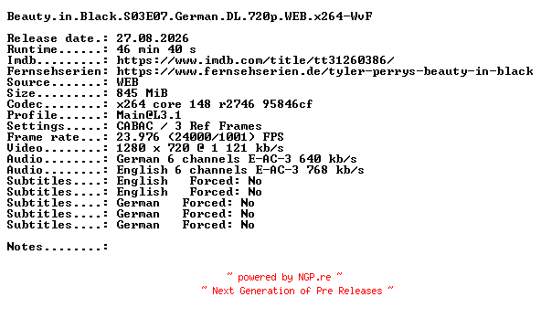 NFO for the release Beauty.in.Black.S03E07.German.DL.720p.WEB.x264-WvF by WvF
