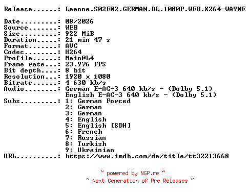 NFO for the release Leanne.S02E02.GERMAN.DL.1080P.WEB.X264-WAYNE by WAYNE