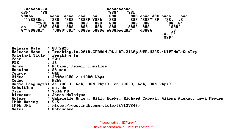 NFO for the release Breaking.In.2018.GERMAN.DL.HDR.2160p.WEB.H265.iNTERNAL-SunDry by SunDry