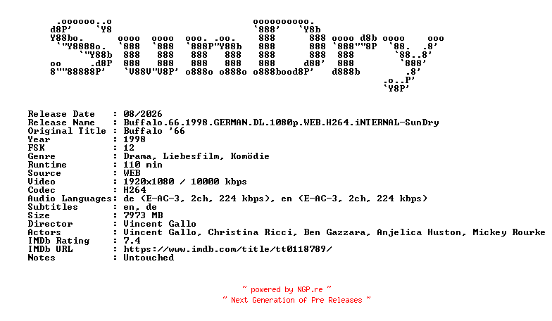 NFO for the release Buffalo.66.1998.GERMAN.DL.1080p.WEB.H264.iNTERNAL-SunDry by SunDry