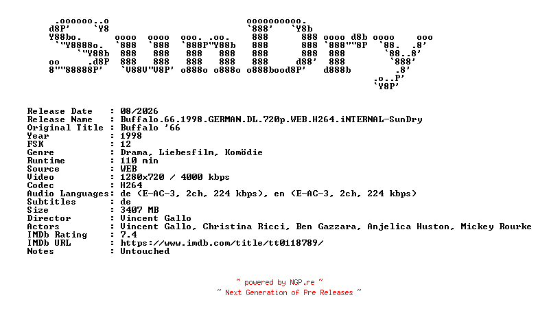 NFO for the release Buffalo.66.1998.GERMAN.DL.720p.WEB.H264.iNTERNAL-SunDry by SunDry