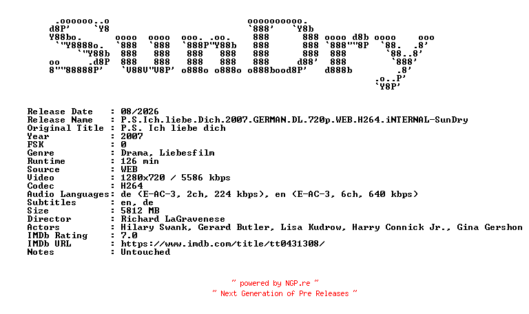 NFO for the release P.S.Ich.liebe.Dich.2007.GERMAN.DL.720p.WEB.H264.iNTERNAL-SunDry by SunDry