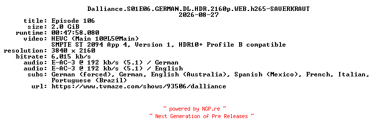 NFO for the release Dalliance.S01E06.GERMAN.DL.HDR.2160p.WEB.h265-SAUERKRAUT by SAUERKRAUT