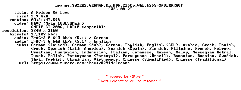NFO for the release Leanne.S02E02.GERMAN.DL.HDR.2160p.WEB.h265-SAUERKRAUT by SAUERKRAUT