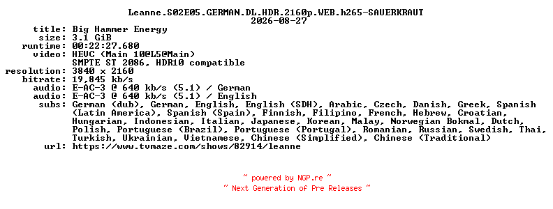 NFO for the release Leanne.S02E05.GERMAN.DL.HDR.2160p.WEB.h265-SAUERKRAUT by SAUERKRAUT