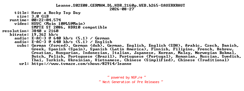 NFO for the release Leanne.S02E08.GERMAN.DL.HDR.2160p.WEB.h265-SAUERKRAUT by SAUERKRAUT