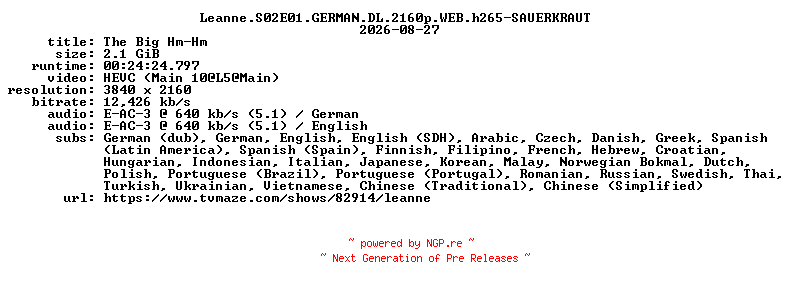 NFO for the release Leanne.S02E01.GERMAN.DL.2160p.WEB.h265-SAUERKRAUT by SAUERKRAUT