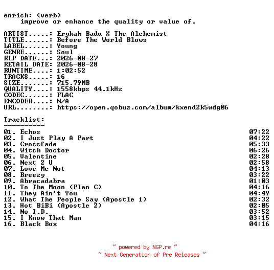 NFO for the release Erykah_Badu_X_The_Alchemist-Before_The_World_Blows-24BIT-WEB-FLAC-2026-ENRiCH by ENRiCH