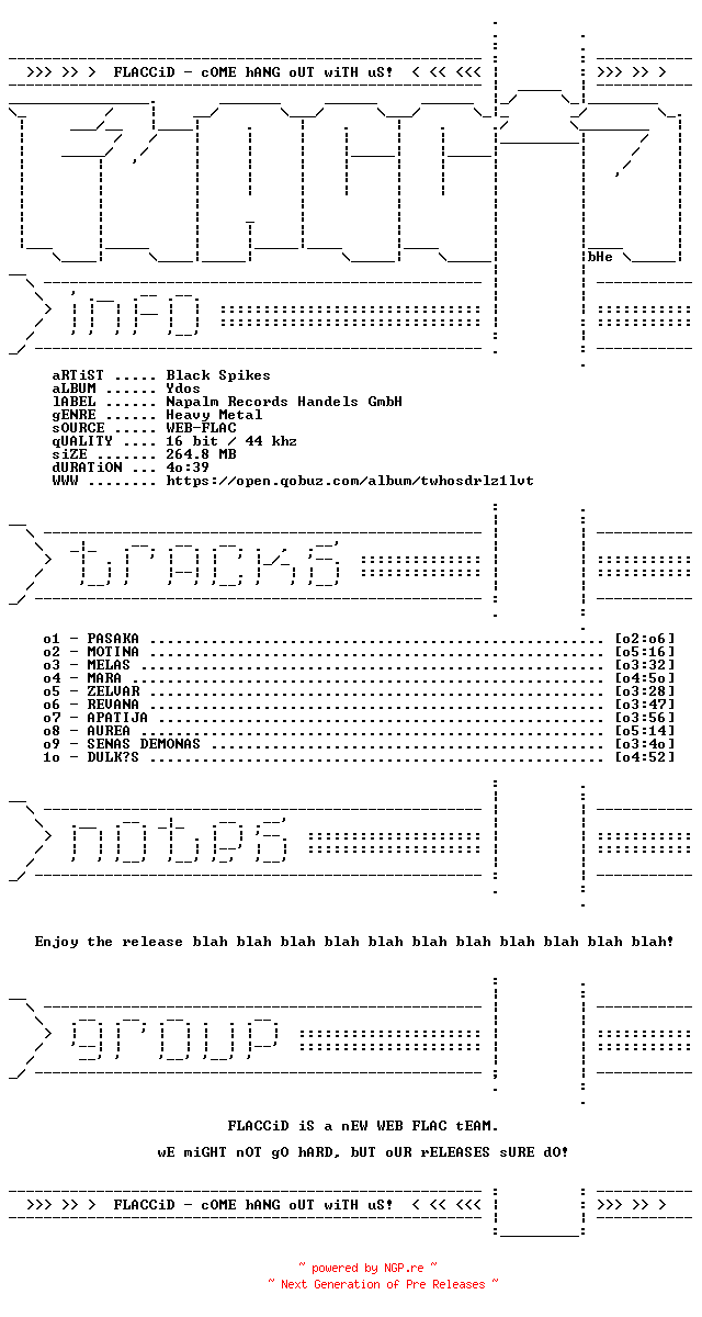 NFO for the release Black_Spikes-Ydos-16BIT-WEB-FLAC-2026-FLACCiD by FLACCiD