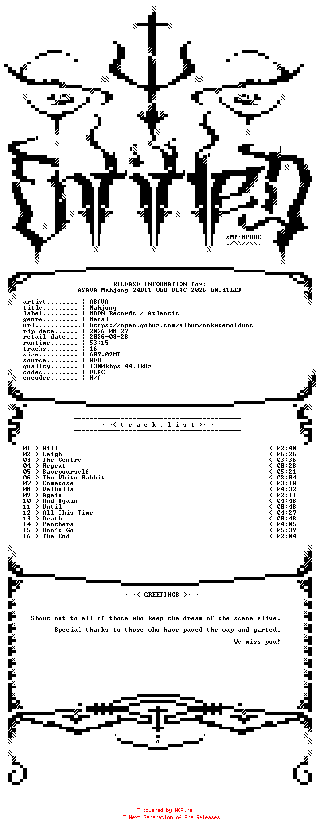NFO for the release ASAVA-Mahjong-24BIT-WEB-FLAC-2026-ENTiTLED by ENTiTLED