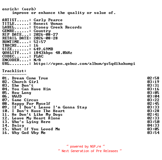 NFO for the release Carly_Pearce-Honest_Woman-24BIT-WEB-FLAC-2026-ENRiCH by ENRiCH